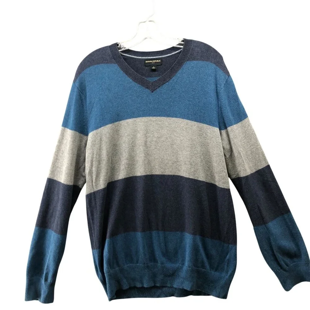 Banana Republic Cotton‎ Sweater Mens M Blue Striped Crewneck Pullover